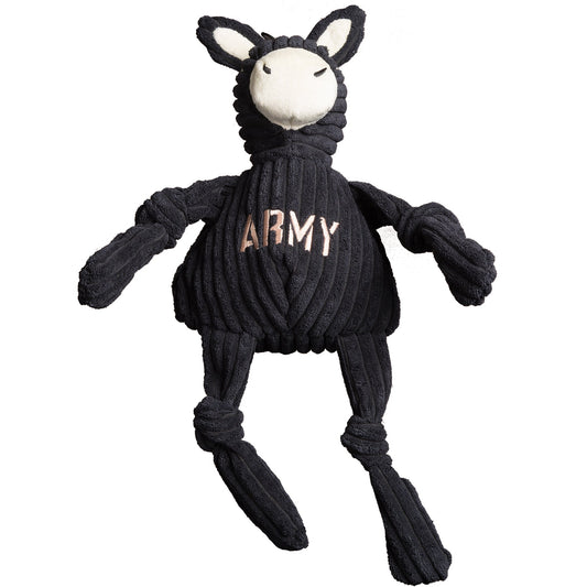 Army Mule Knottie dog toy, front view with ARMY stitched on the chest and long knotted legs