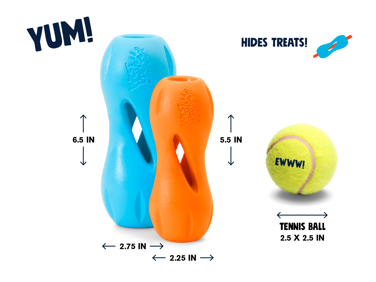 Qwizl size chart: Large 6.5 x 2.75 in, Small 5.5 x 2.25 in, beside a 2.5 in tennis ball for scale