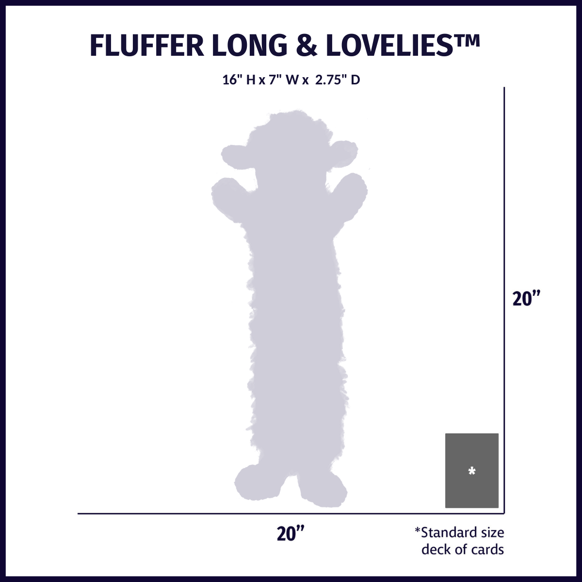 Louise Lamb long plush size chart: 16 in tall, 7 in wide and 2.75 in deep, shown with a deck of cards for scale