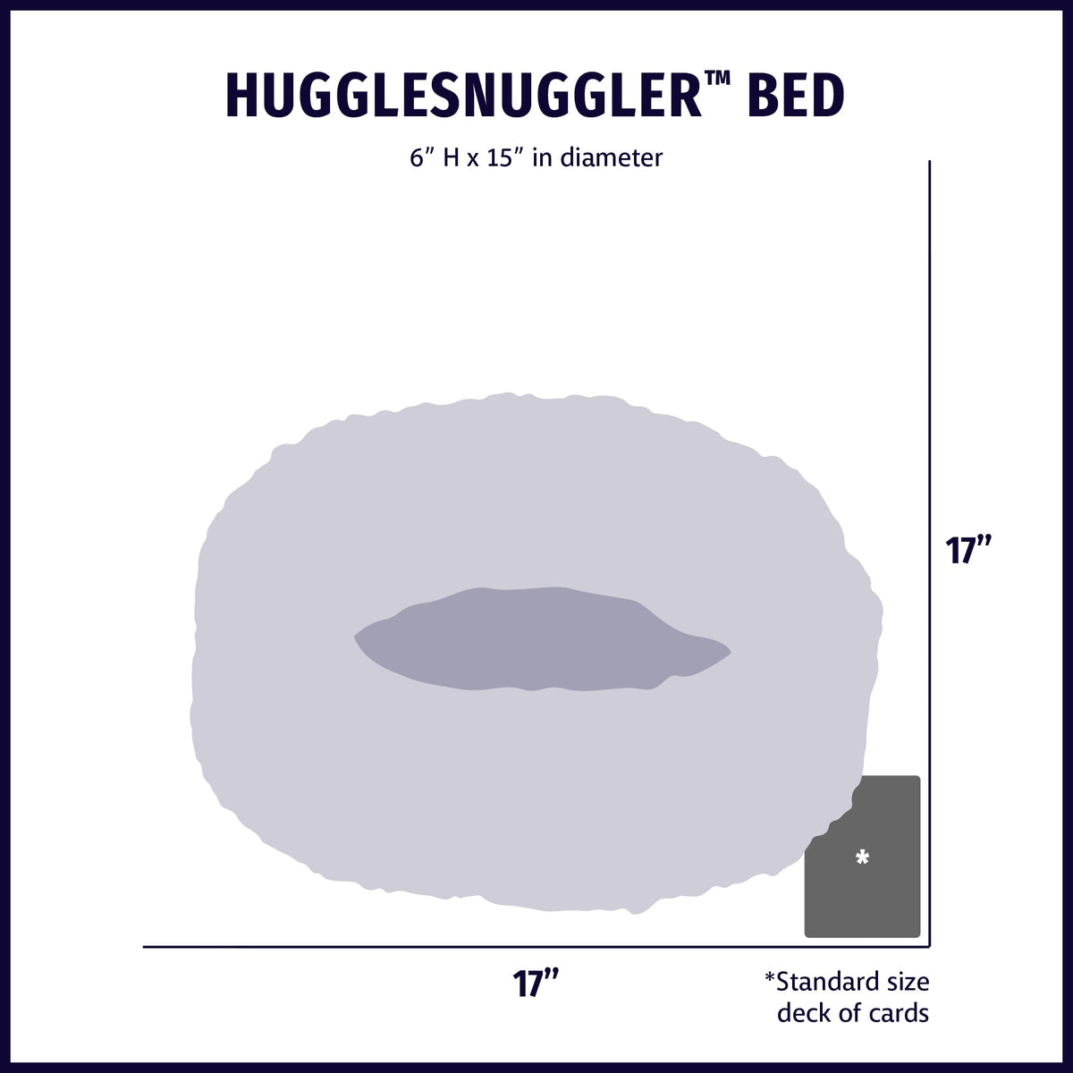 HuggleSnuggler bed size chart: 15 in across and 6 in tall, shown with a deck of cards for scale