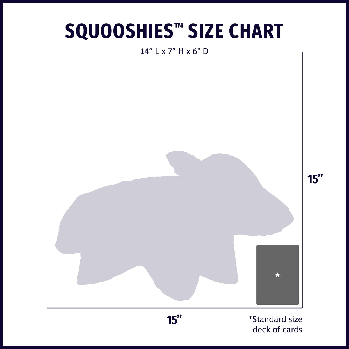 Squooshie Fox size chart: about 14 in long, 7 in tall and 6 in deep, with a deck of cards for scale