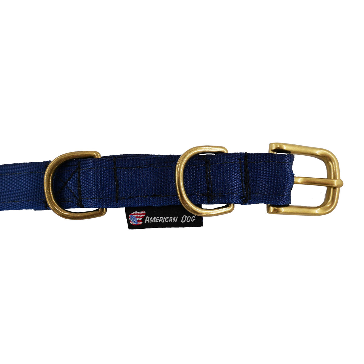 Seatbelt webbing dog collar in navy laid flat, close-up of the brass buckle, stitching and American Dog label