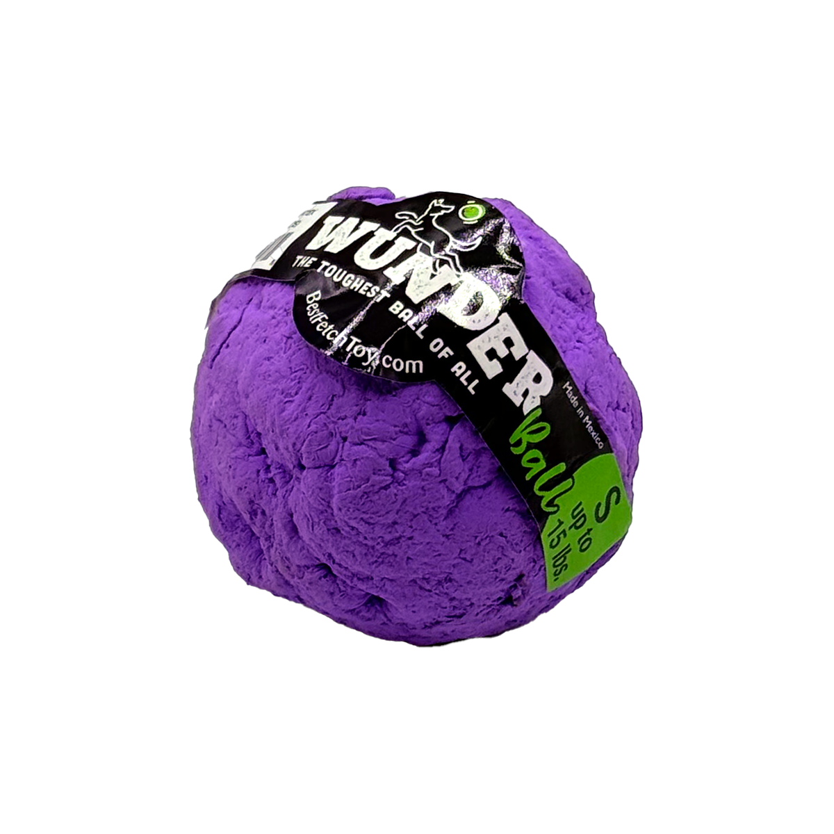 Purple WUNDERball in Small, tilted to show its lumpy shape, with the green S tab on the label