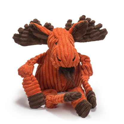 Morris Moose Knottie plush dog toy, front view of the orange corduroy moose with a shaggy beard and knotted legs