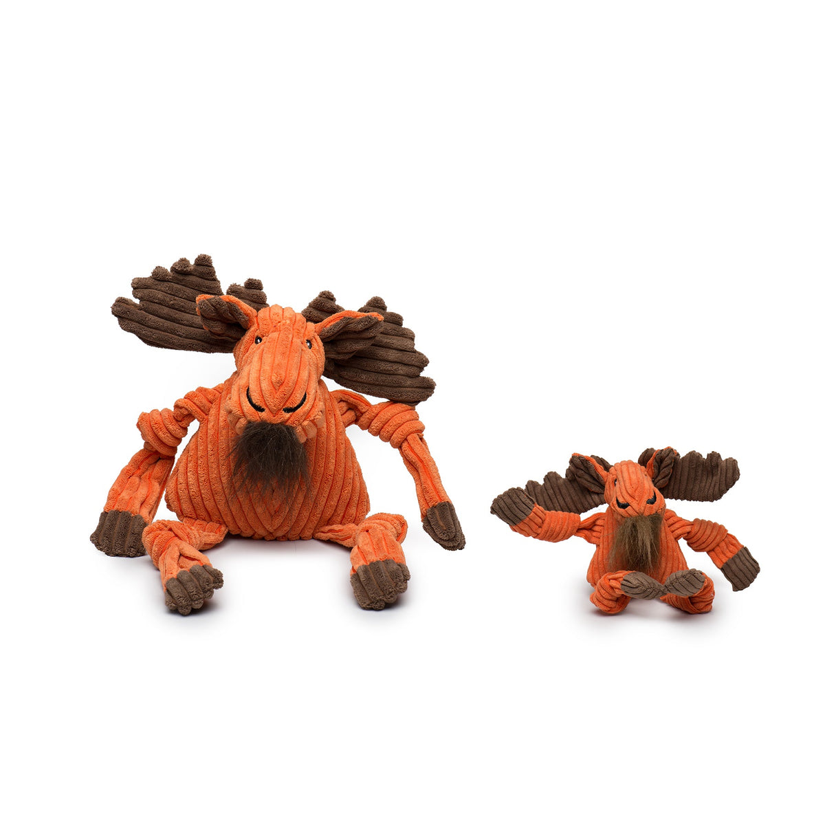HuggleHounds Morris Moose Knottie plush dog toy in Large and Small side by side, orange corduroy with brown antlers