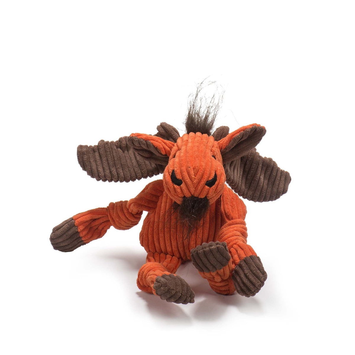 Morris Moose Knottie plush toy sitting with one knotted arm stretched out, showing its wide brown corduroy antlers