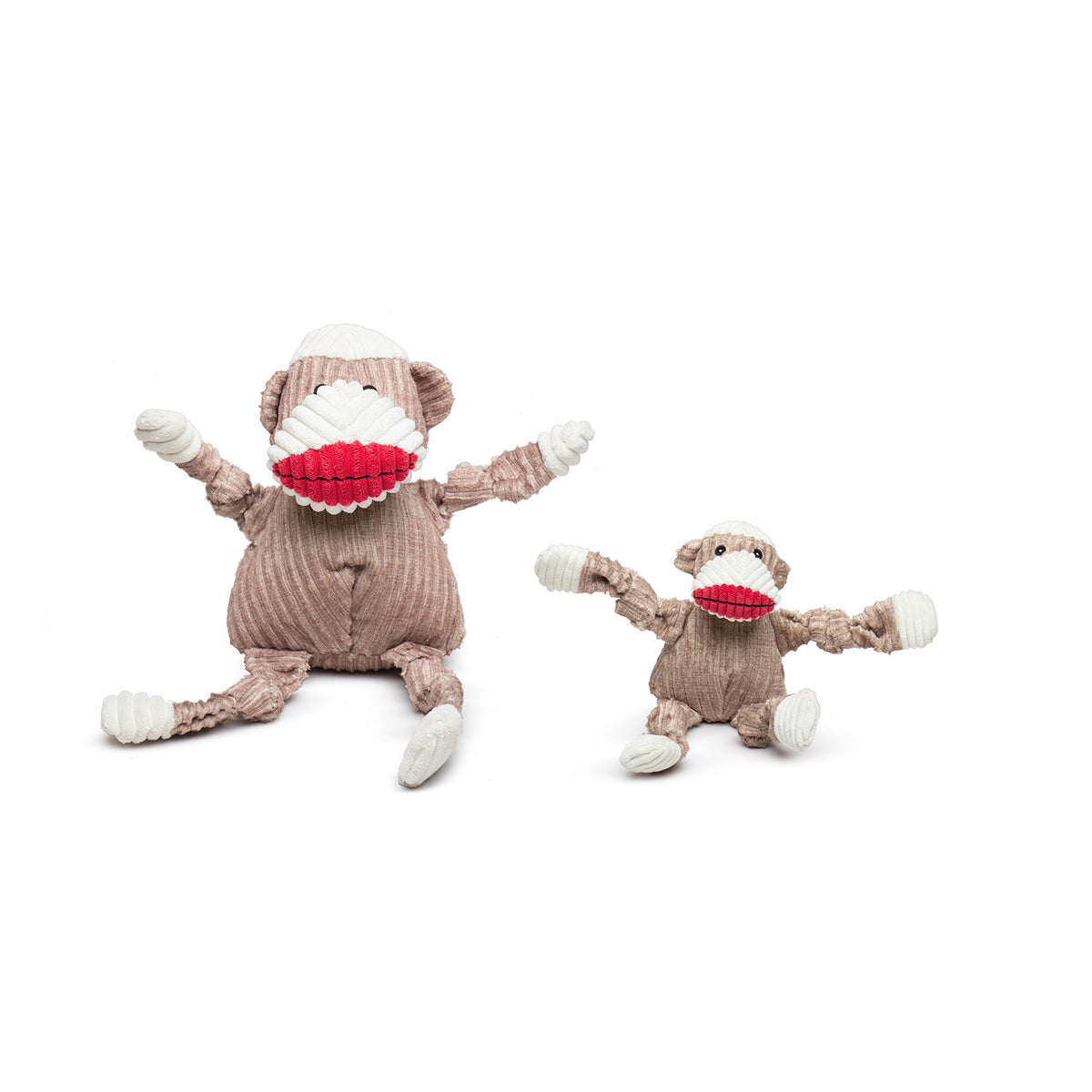 Stuey Sock Monkey Knottie plush toys in Large and Small side by side, front view on a white background