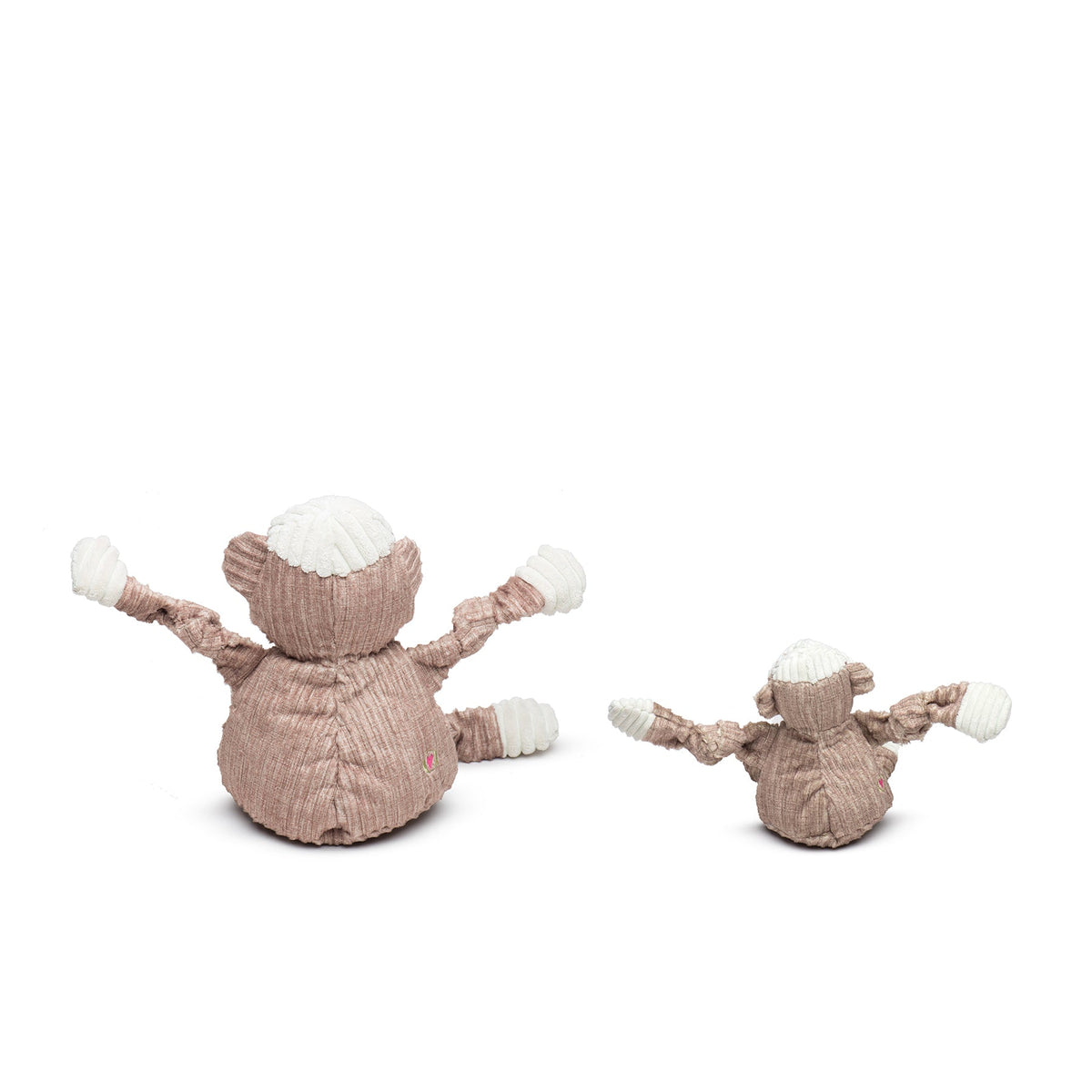 Stuey Sock Monkey Knottie in Large and Small, back view showing the cream corduroy caps and outstretched arms