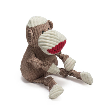 Stuey Sock Monkey Knottie in Large, angled side view of the brown corduroy body, cream muzzle and knotted legs