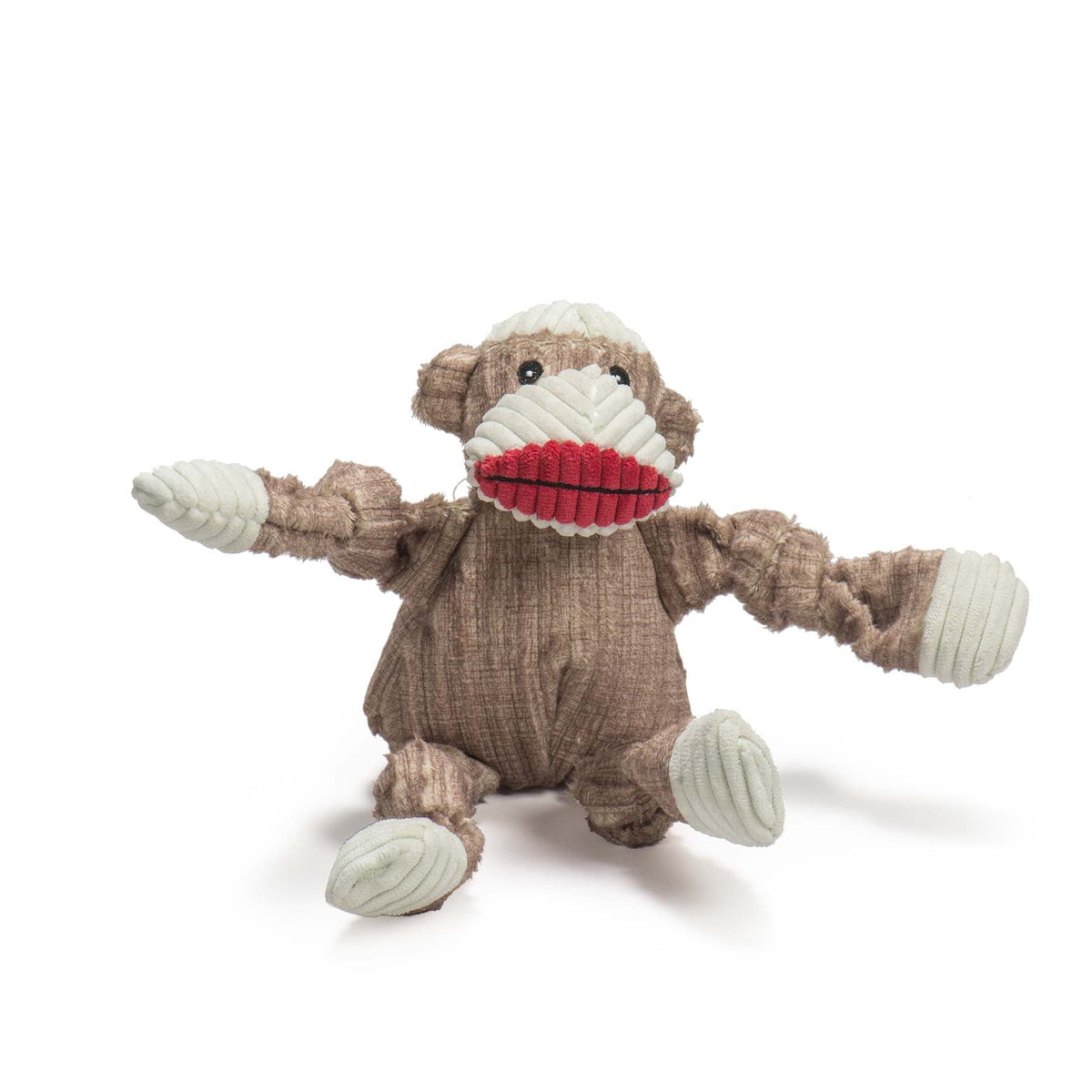 HuggleHounds Stuey Sock Monkey Knottie plush dog toy in Small, front view with red corduroy lips and knotted arms out