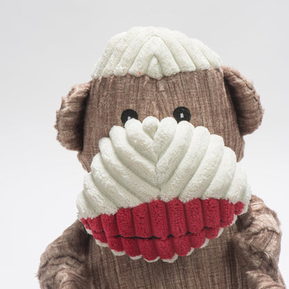 Stuey Sock Monkey Knottie face close-up, black embroidered eyes, cream corduroy muzzle and red lips