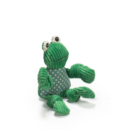 HuggleHounds Fergie Frog Knottie plush dog toy on white, green corduroy frog with big eyes and a polka-dot belly