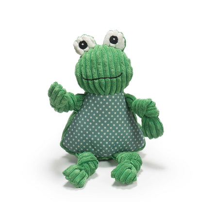 Fergie Frog Knottie dog toy, front view with a stitched grin, one arm raised and knotted green legs