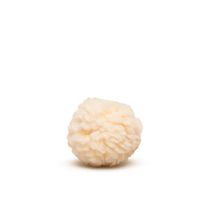 Single cream HuggleFleece Plush Ball dog toy centered on a white background, full front view