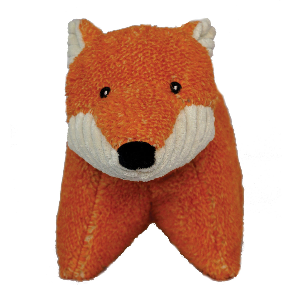 Squooshie Fox plush dog toy, front view of its white corduroy muzzle, black nose and small black eyes