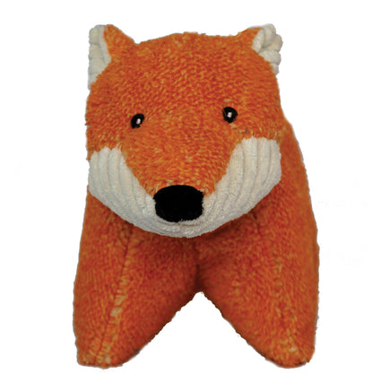 Squooshie Fox plush dog toy, front view of its white corduroy muzzle, black nose and small black eyes