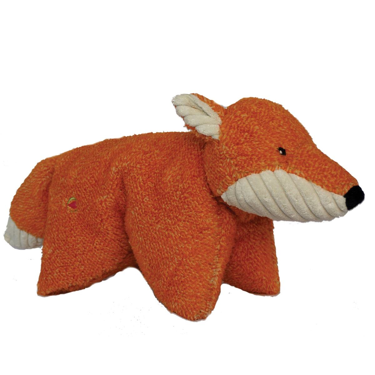 HuggleHounds Squooshie Fox plush dog toy, side view of the orange tweedy fox with white corduroy muzzle, ears and tail tip