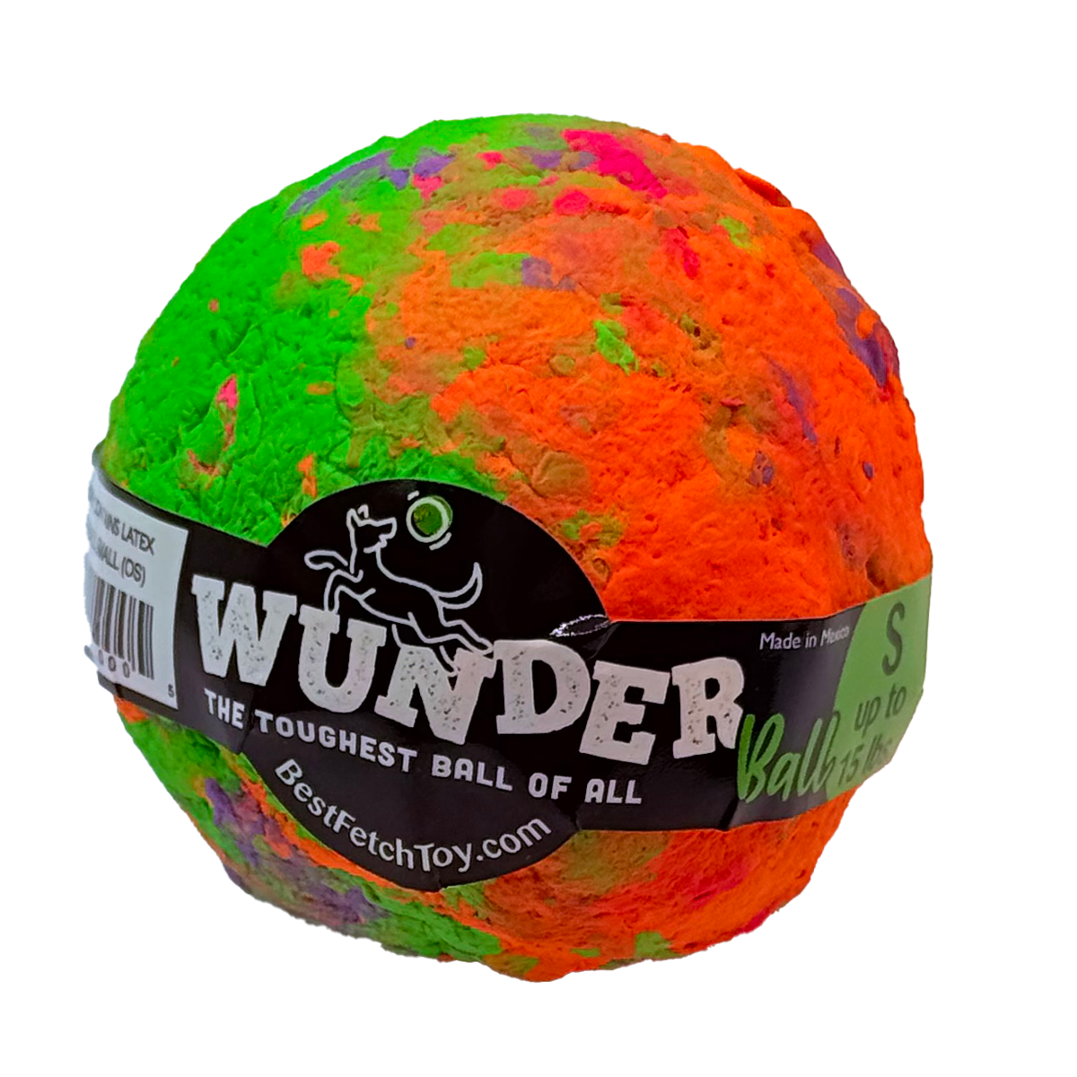 WUNDERball Small in orange, green, and pink swirl, with the label band marked S, up to 15 lbs