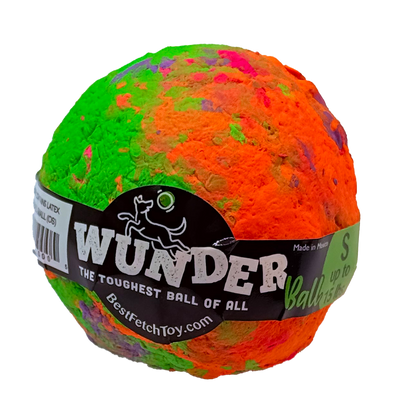 WUNDERball Small in orange, green, and pink swirl, with the label band marked S, up to 15 lbs
