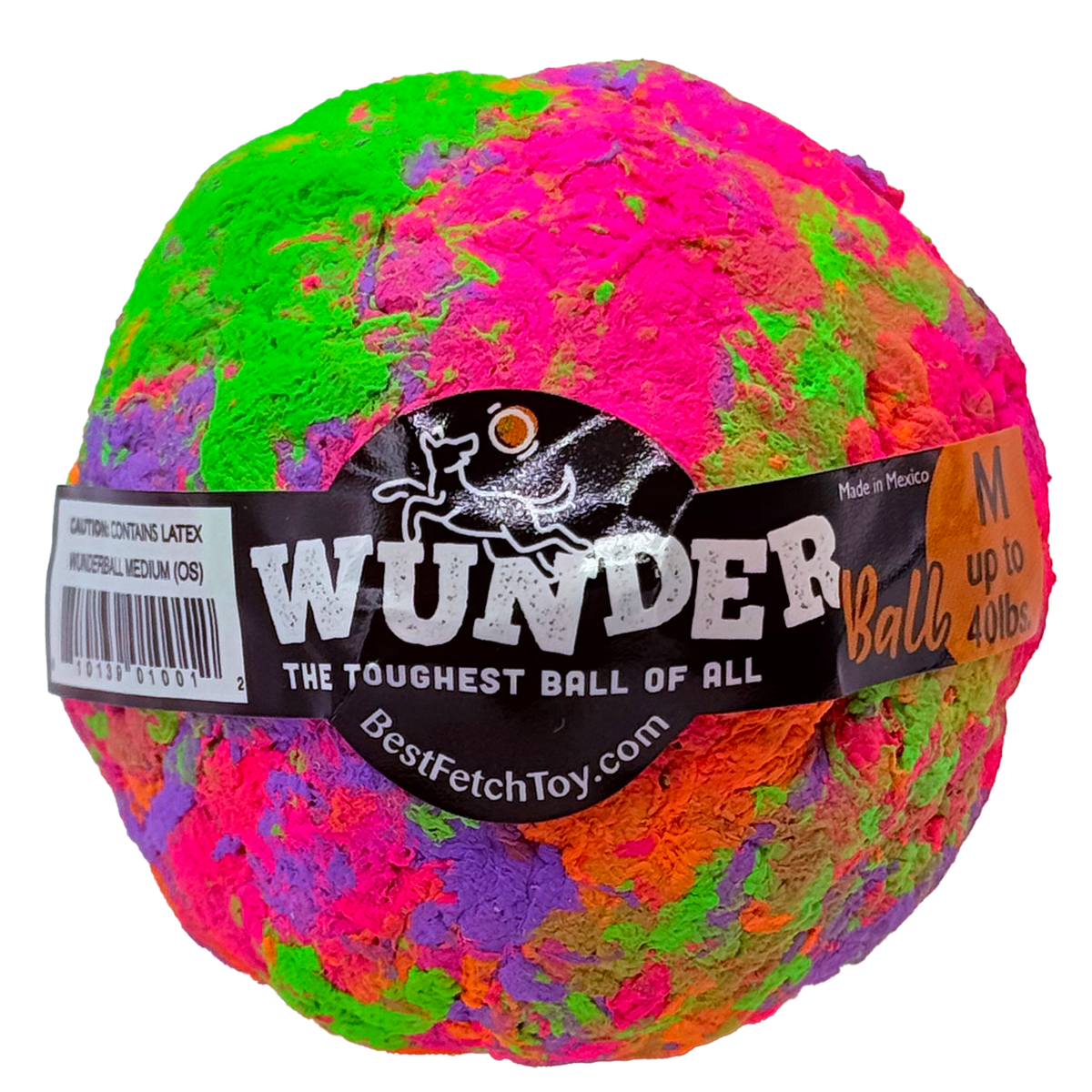 WUNDERball Medium in pink, green, orange, and purple swirl, with the label band marked M, up to 40 lbs