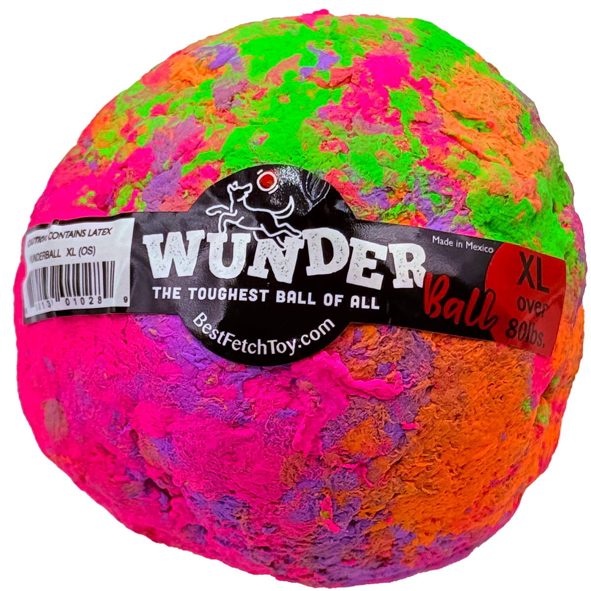 WUNDERball XL in pink, green, orange, and purple swirl, with the label band marked XL, over 80 lbs
