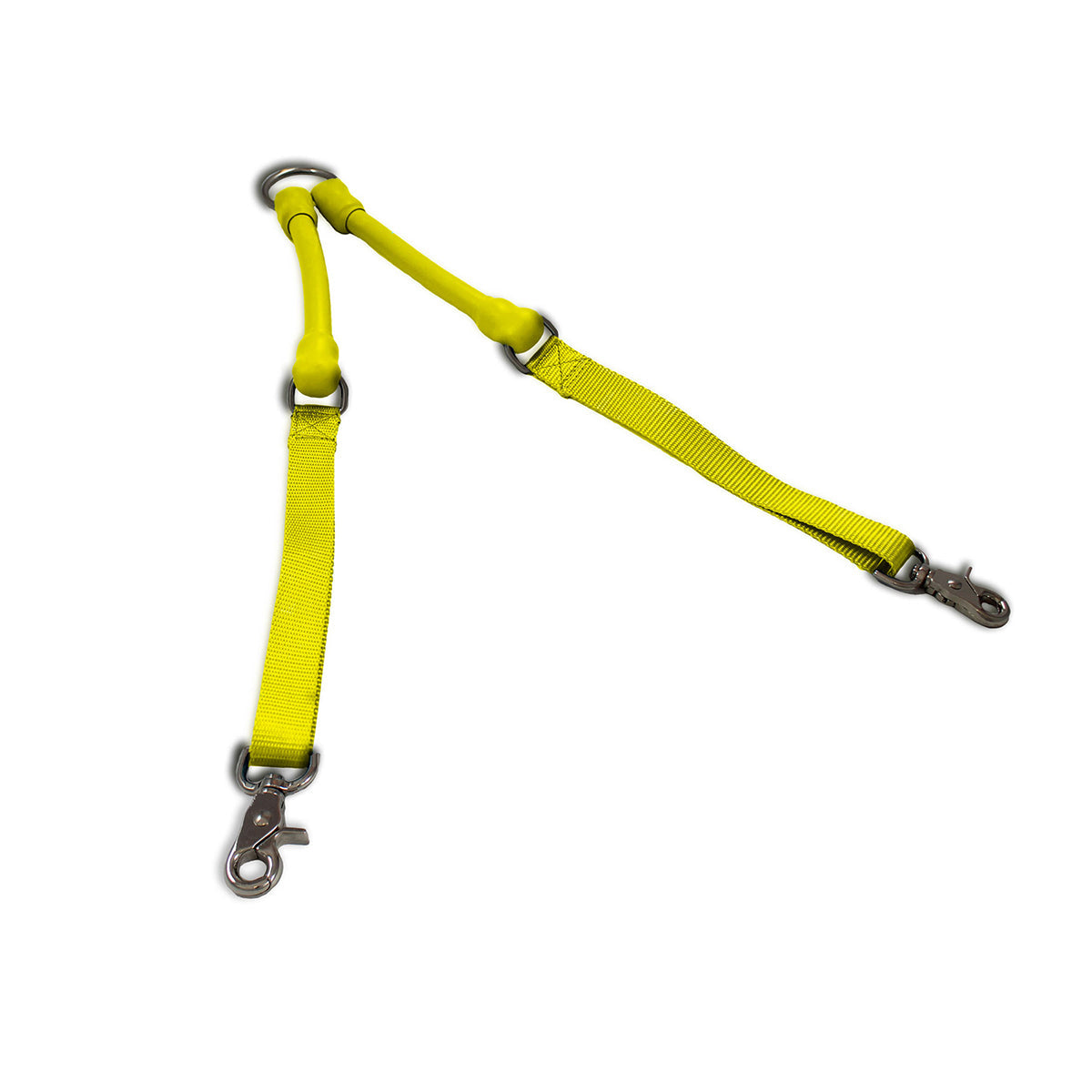 CRAZYcoupl'r Two-Dog Leash Coupler in yellow, rubber arms from a center ring to nylon straps with snap clips, top view