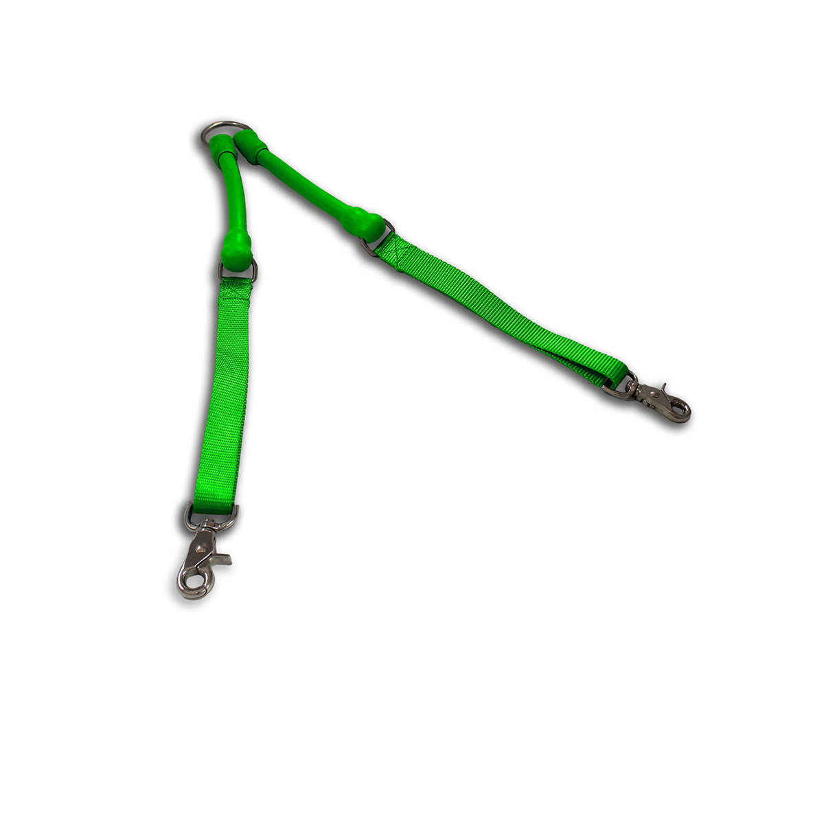 CRAZYcoupl'r Two-Dog Leash Coupler in green laid out in a V, top view on a white background