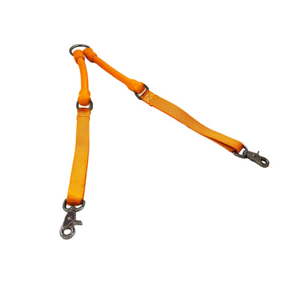 CRAZYcoupl'r Two-Dog Leash Coupler in orange laid out in a V, top view on a white background