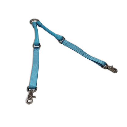 CRAZYcoupl'r Two-Dog Leash Coupler in blue laid out in a V, top view on a white background