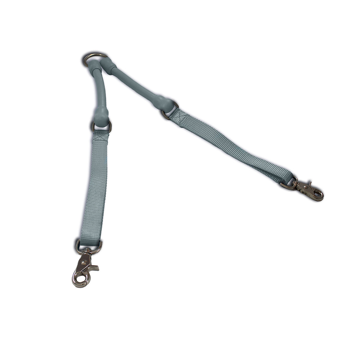 CRAZYcoupl'r Two-Dog Leash Coupler in silver laid out in a V, top view on a white background