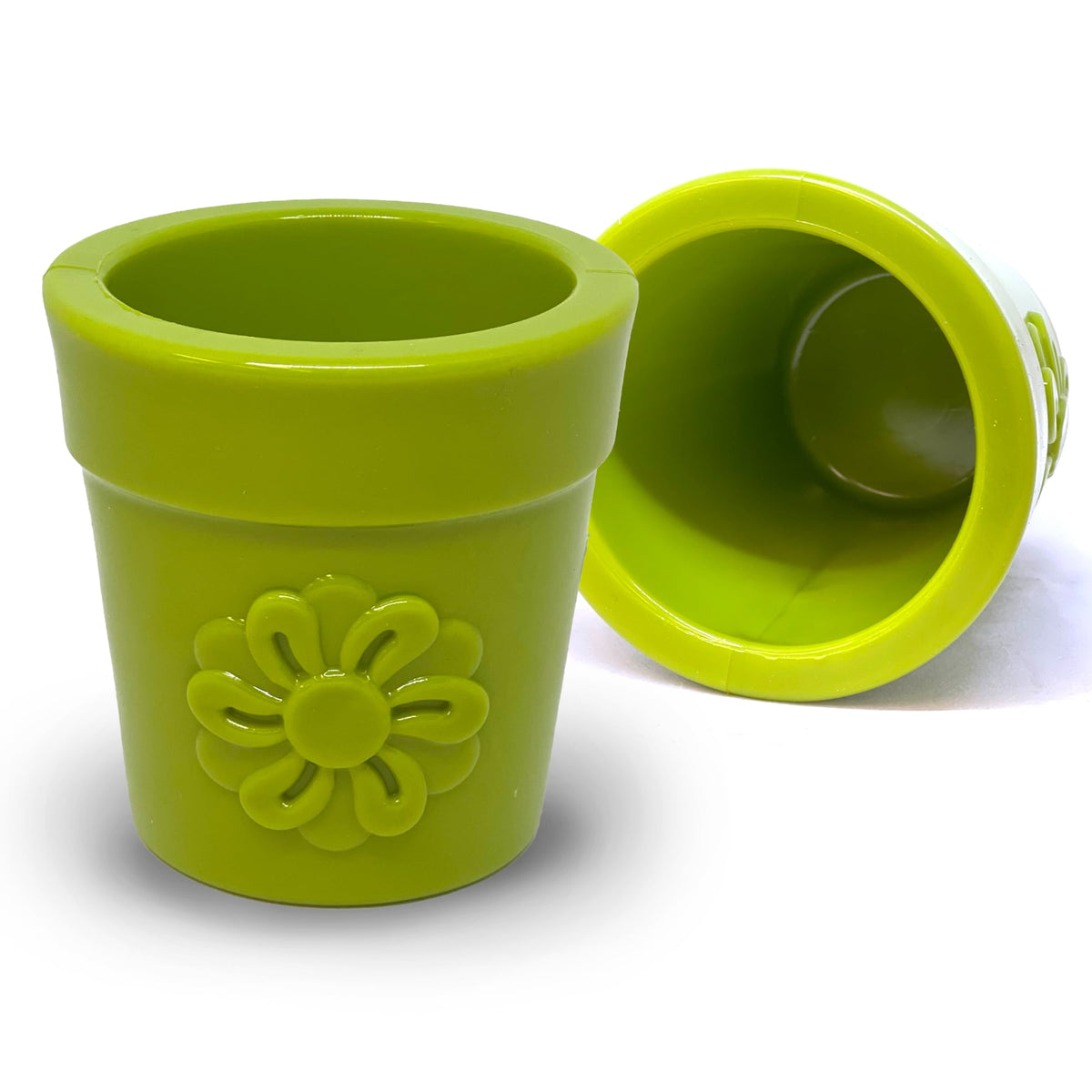 Flower Pot treat cup in green, two on white, one upright and one tipped back to show the open top
