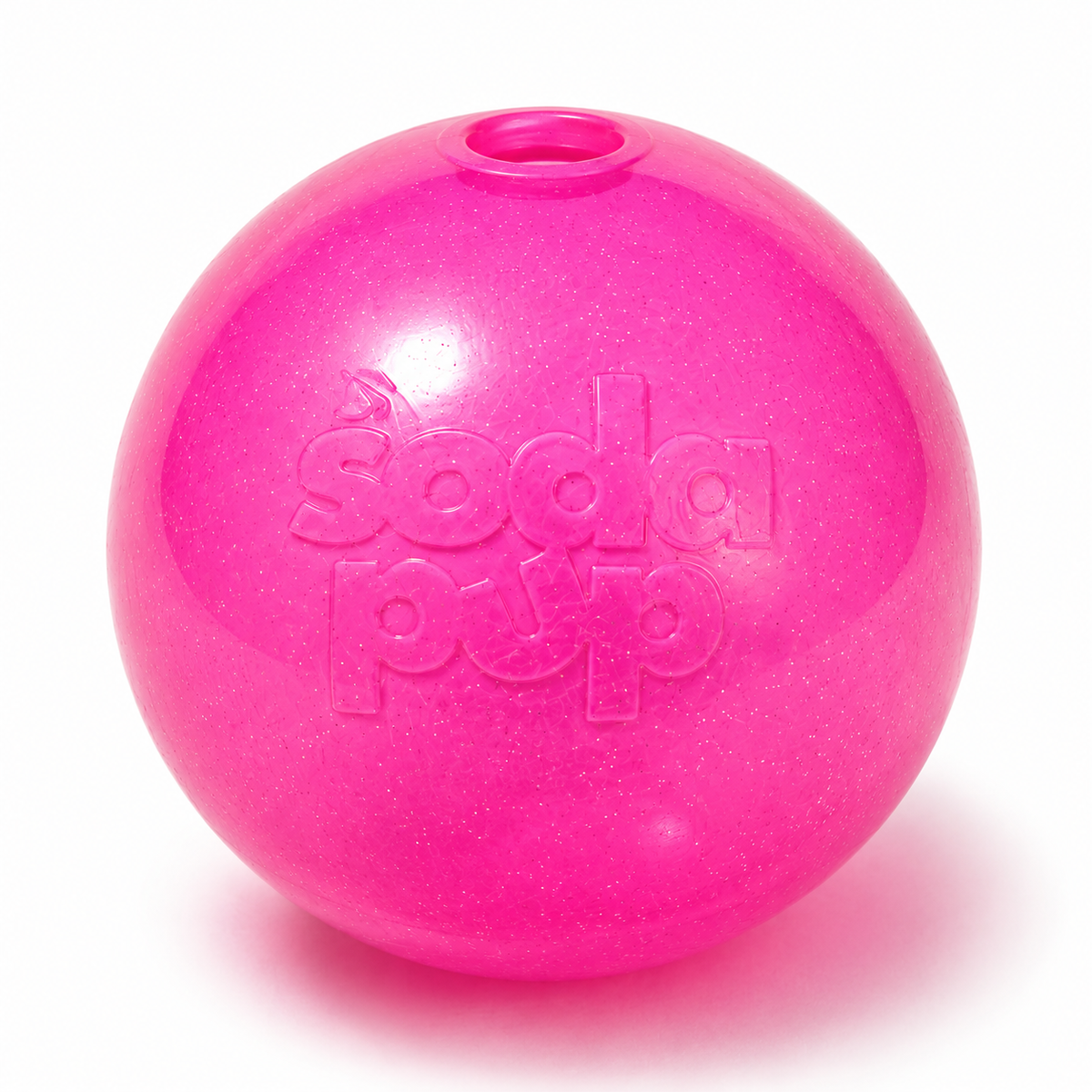 SodaPup Glitter Ball in pink, front view with the treat hole at the top