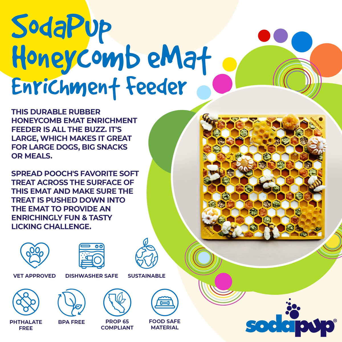 Yellow SodaPup Honeycomb eMat decorated with bee-shaped treats, beside product description text and icons