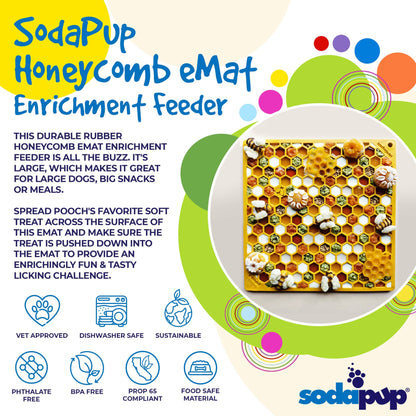 Yellow SodaPup Honeycomb eMat decorated with bee-shaped treats, beside product description text and icons