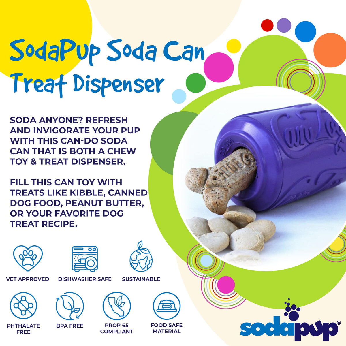 Purple SodaPup Can Toy on its side with a bone biscuit and small treats coming out of the opening