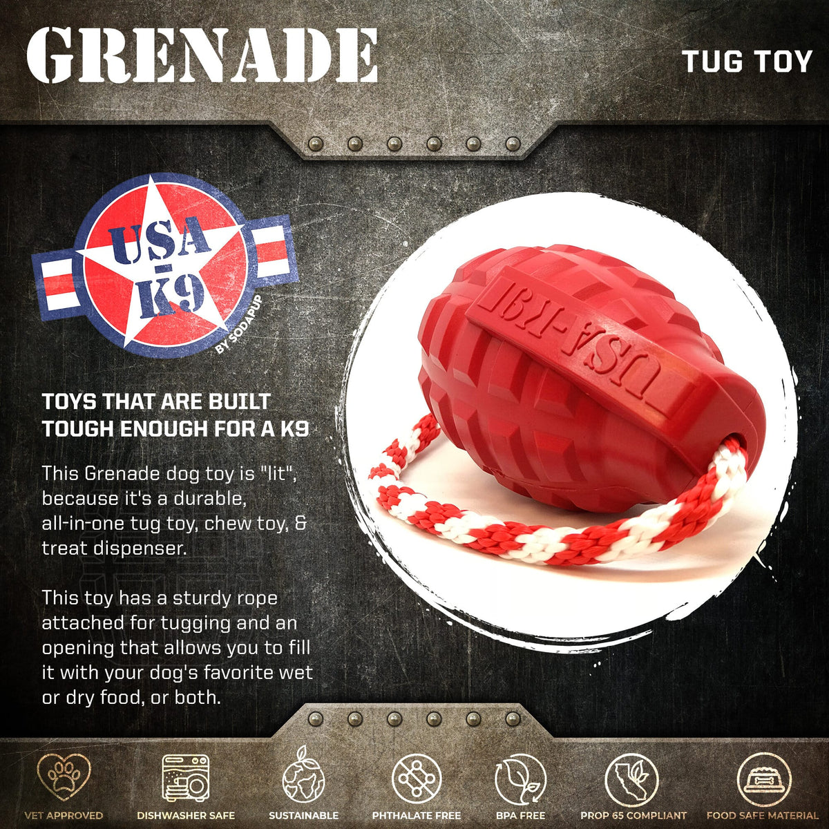 Red SodaPup USA-K9 Grenade on its side with rope attached, on a dark graphic describing it as a tug and treat toy