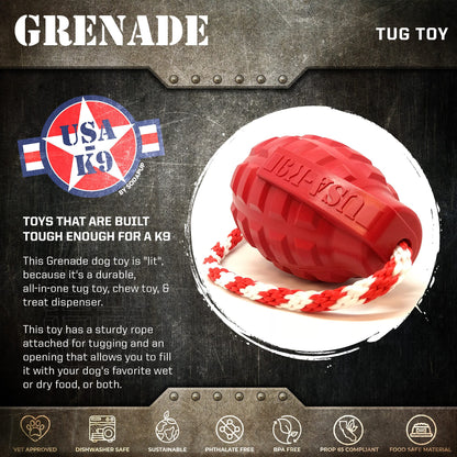 Red SodaPup USA-K9 Grenade on its side with rope attached, on a dark graphic describing it as a tug and treat toy