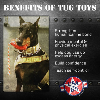 Doberman in a detection dog vest holding a red SodaPup USA-K9 Grenade by its rope, beside a list of tug toy benefits