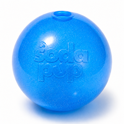 SodaPup Glitter Ball in blue, front view of the glitter finish, embossed logo and treat hole