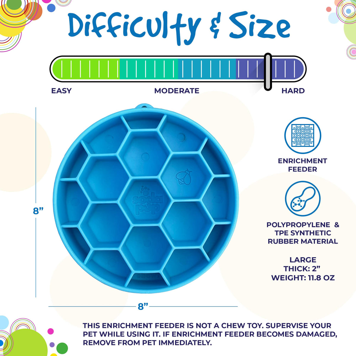 SodaPup Honeycomb eBowl size chart showing a blue bowl measuring 8 by 8 inches and 2 inches deep