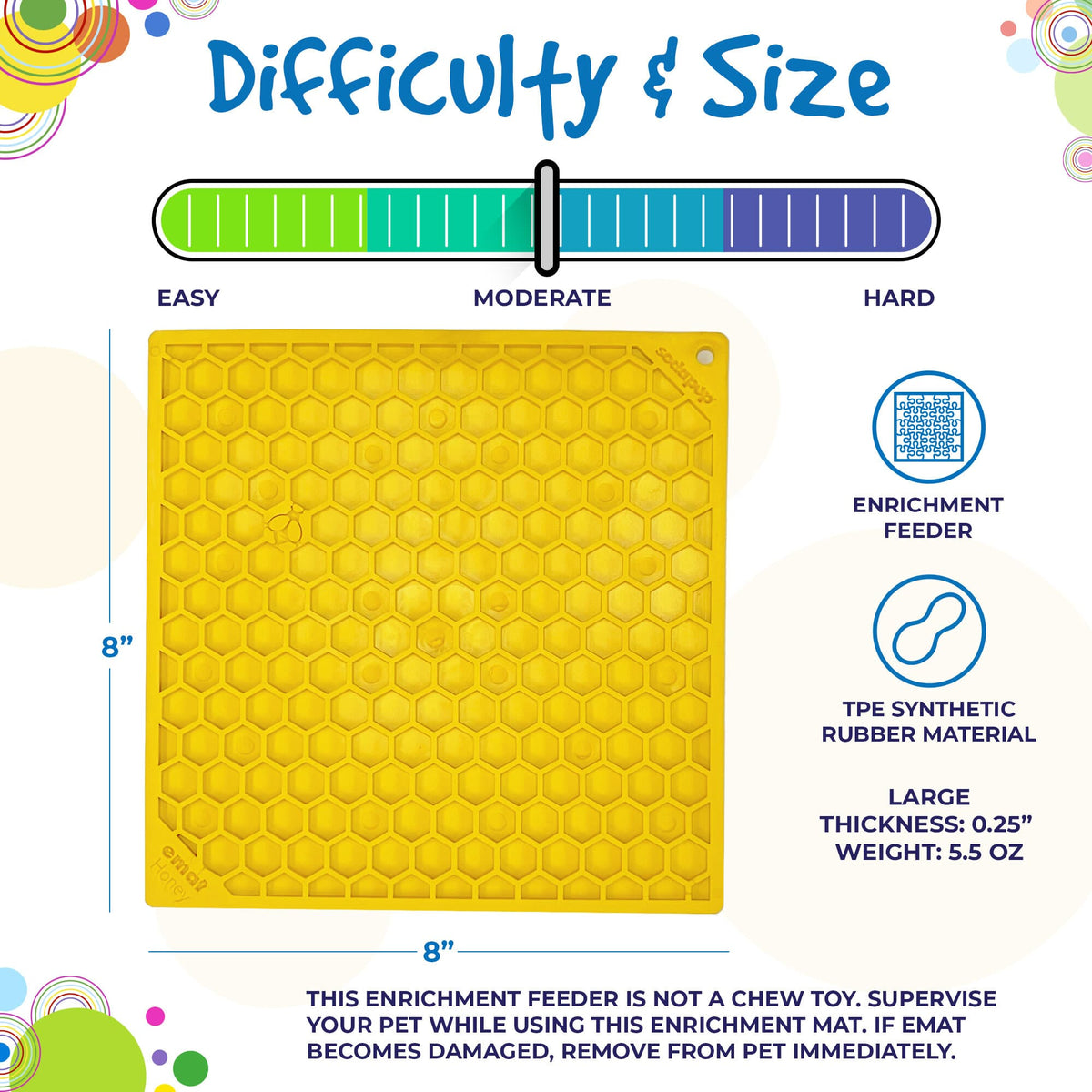 SodaPup Honeycomb eMat size chart for the Large mat, 8 by 8 inches and 0.25 inch thick