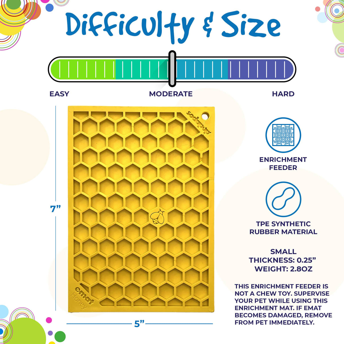 SodaPup Honeycomb eMat size chart for the Small mat, 7 by 5 inches and 0.25 inch thick