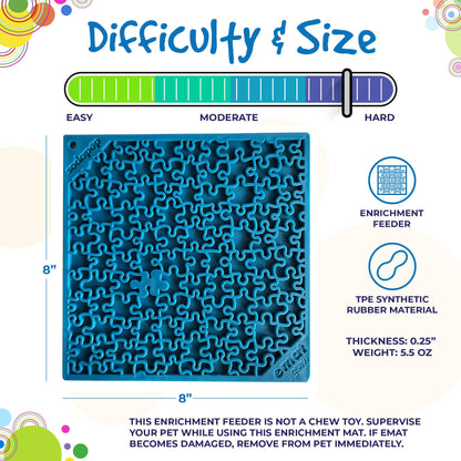 Jigsaw eMat lick mat size chart: 8 x 8 in, 0.25 in thick, 5.5 oz, TPE, with SodaPup's difficulty scale set near hard