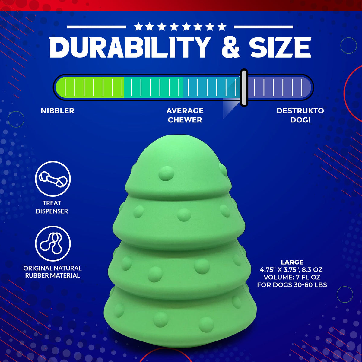 Christmas Tree size chart: 4.75 x 3.75 in, 8.3 oz, holds 7 fl oz, for dogs 30 to 60 lb, with SodaPup's chew-strength scale