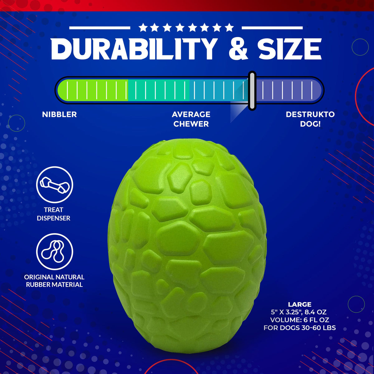 Dinosaur Egg size chart: 5 x 3.25 in, 8.4 oz, holds 6 fl oz, for dogs 30 to 60 lb, with a chew-strength scale