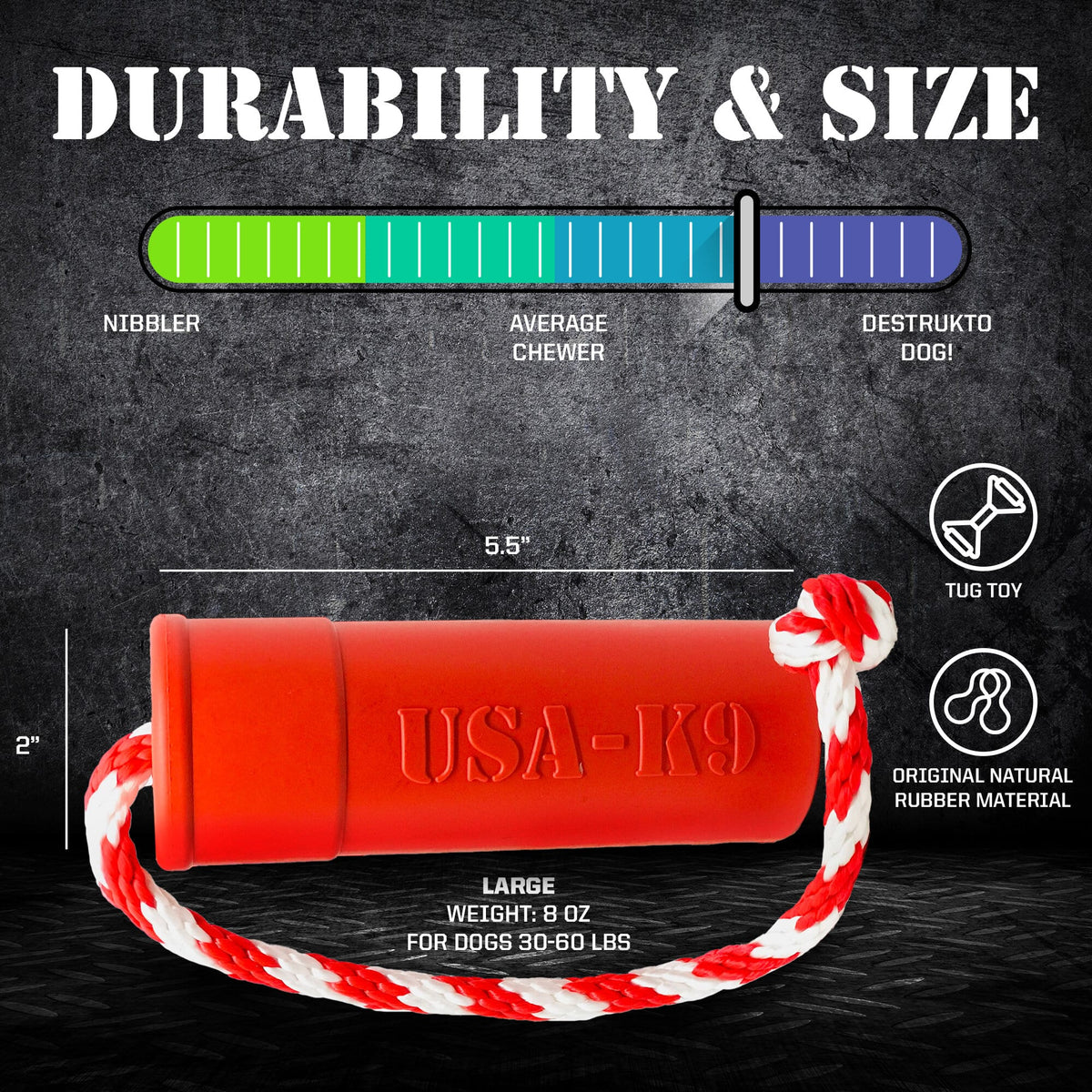 SodaPup USA-K9 Firecracker Floating Dummy size chart, 5.5 by 2 inches, 8 oz, for dogs 30 to 60 lb
