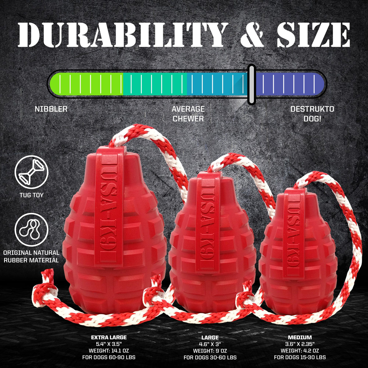 SodaPup USA-K9 Grenade size chart showing Extra Large, Large, and Medium red grenades with ropes and dog weights