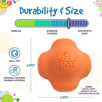 Crazy Bounce ball size chart: 2.875 in across, 6.7 oz, for dogs 30 to 65 lb, with SodaPup's chew-strength scale