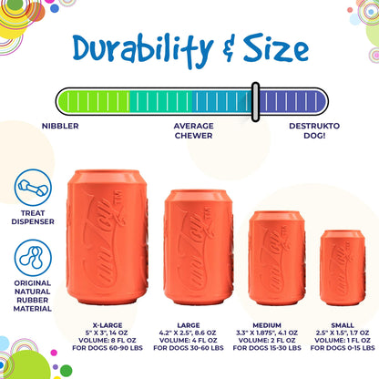 SodaPup Can Toy size chart with four orange cans from X-Large to Small, showing dimensions and dog weight ranges