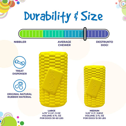 Corn on the Cob size chart: Large 4.75 x 2.5 in, 6 fl oz, 30 to 60 lb; Medium 3.25 x 2 in, 2 fl oz, 15 to 30 lb